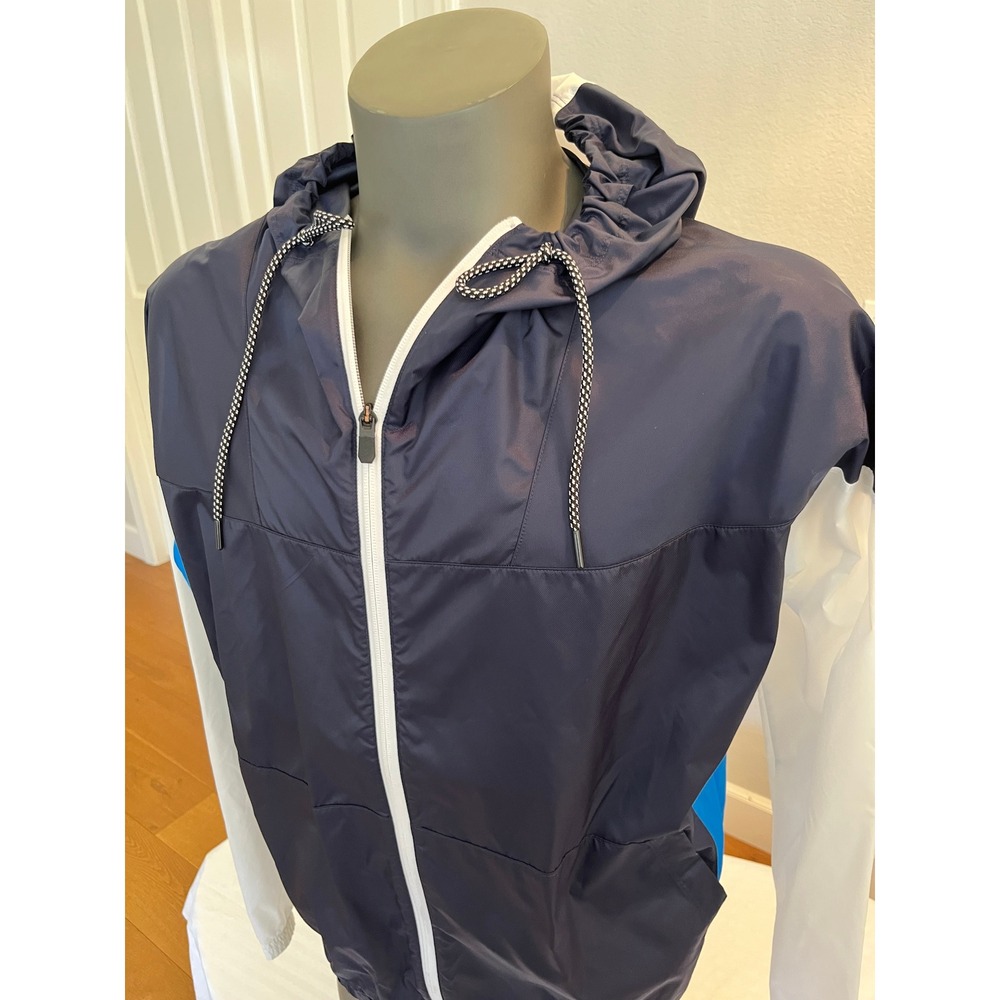 Reebok Windbreaker Jacket Mens M Navy Blue White Excellent Colorblock Hooded